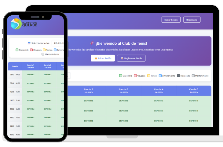 Vista del sistema de reservas del Club de Tenis Quilpué en computador y celular